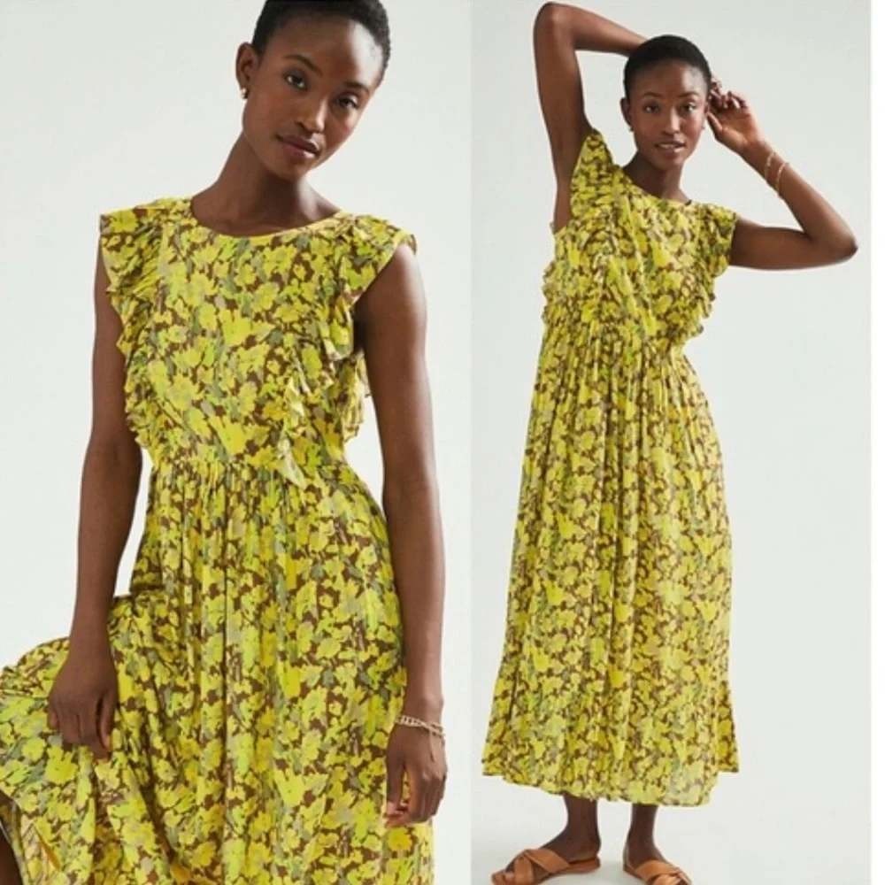 Ranna Gill Lenore Maxi Womens Small Yellow Floral Ruffle Tiered Boho Cottagecore